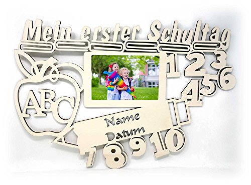 Schule Deko Bilderrahmen 10x15 cm Geschenke mit Namen & Datum personalisiert I Holz zur Schulkinder Einschulung Junge Mädchen