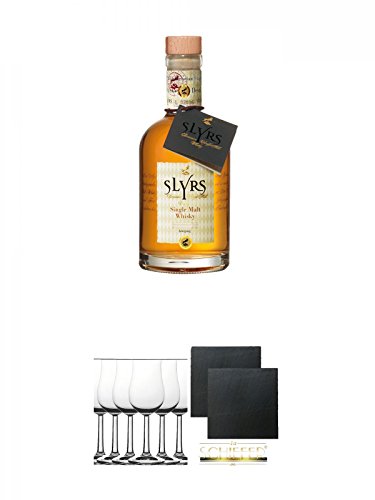 Slyrs Bavarian Whisky Deutschland 0,35 Liter + Whisky Nosing Gläser Kelchglas Bugatti mit Eichstrich 2cl und 4cl 6 Stück + Schiefer Glasuntersetzer eckig ca. 9,5 cm Ø 2 Stück