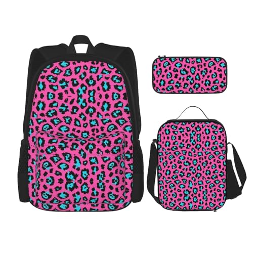 WURTON 3-in-1 Büchertaschenset mit niedlichem Leopardenmuster, mit Lunchbox, Federmäppchen, Reise, Laptop, Tagesrucksäcke