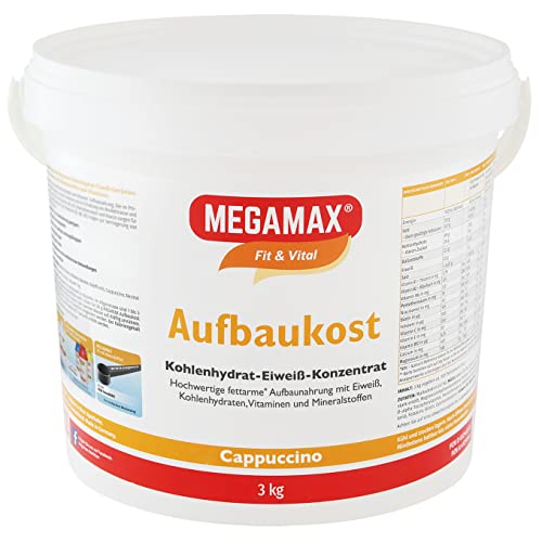 Megamax Aufbaukost Cappuccino 3 kg Ideal zur Kräftigung und bei Untergewicht -Proteinpulver zur Zubereitung eines Kohlenhydrat-Eiweiß-Getränkes für Muskelmasse u. Muskelaufbau Gewichtszunahme