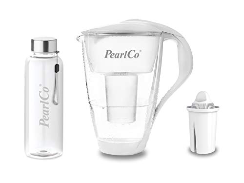 PearlCo - Glas-Wasserfilter (weiß) mit 1 Universal classic Filterkartusche + 1 Trinkflasche aus Glas