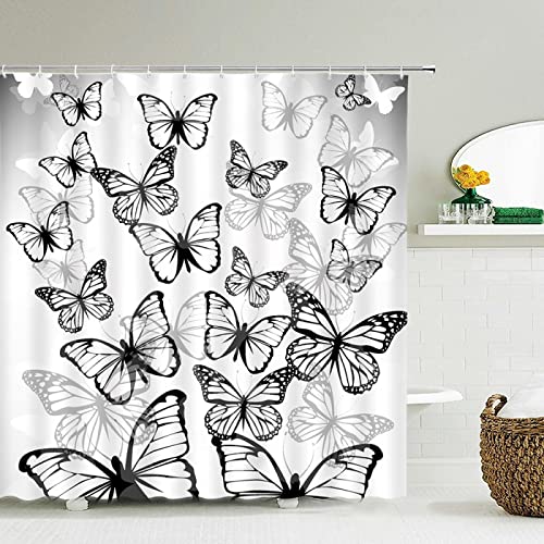 Yanyan Art Schmetterlingsmuster Duschvorhänge, Badezimmervorhang 3D-Druck Blume Wasserdichter Stoff Badvorhang Dekor mit 12 Haken 240x190cm/WxH