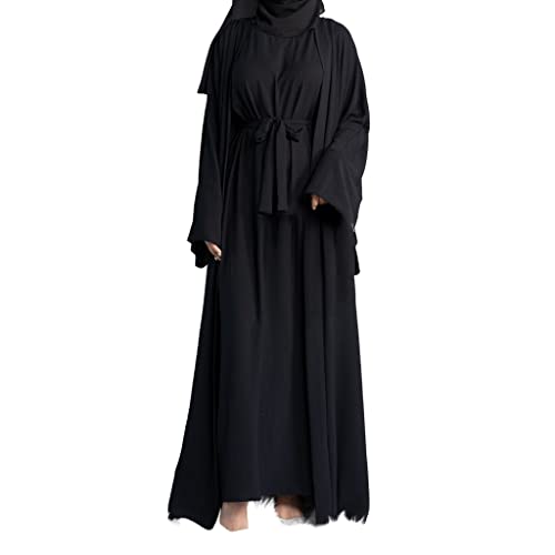 BRONG Öffnen Abaya Muslim Damen Gebet Robe Strickjacke + Gebetskleidung für Frauen mit Gürtel Satz Dubai Kaftan Eid Ärmellos Maxi Muslimische Kleider Schwarz L