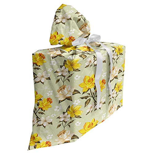 ABAKUHAUS Blume Baby Shower Geschänksverpackung aus Stoff, Floral Narcissus Ast, 3x Bändern Wiederbenutzbar, 70 x 80 cm, Yellow Khaki Creme