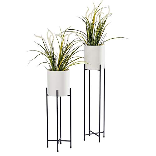 Spetebo Metall Blumentopfständer 2er Set - Ständer mit weißen Töpfen - 74 und 58 cm - Blumentopfhalter mit Topf - Planzenständer rund