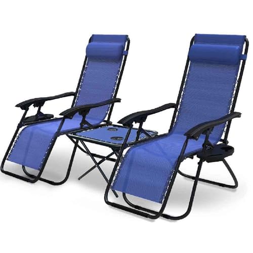 VOUNOT 2 Stück Liegestuhl mit klappbarem Tisch Getränkehalter Gartenstuhl faltbar aus Textilene Liege mit Kopfpolster max. 120 kg blau
