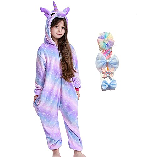 BRONG Mädchen Einhorn Einteiler Pyjama Weicher Schlafanzug für Kinder Unisex mit Schleife Haarnadel