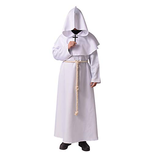BLESSUME Priester Mönch Kostüm Robe Mönch Mittelalterliche Kapuze Kapuzenmönch Renaissance Robe Kostüm (Weiß, S)