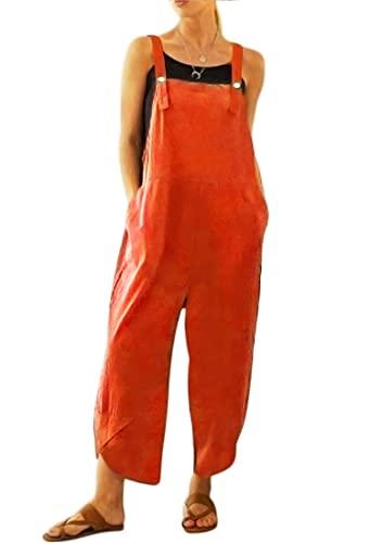 BRONG Damen-Overall, lockere Latzhose, weicher Baumwoll-Leinen, Damen-Overall, Baggy, Spielanzug, verstellbare Träger mit Taschen, Orange, 48