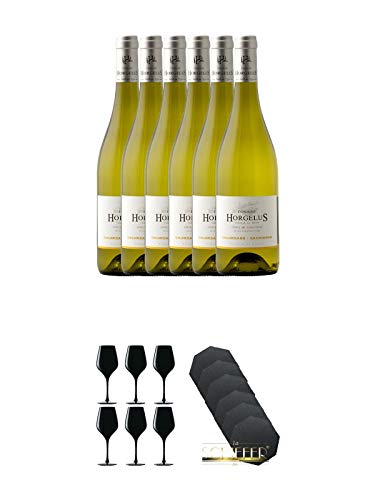 Domaine Horgelus Blanc 6 x 0,75 Liter + Blind Tastinglas für Wein Exquisit 6 Gläser - 1477402 + Schiefer Glasuntersetzer achteckig 6 x ca. 9,5 cm Durchmesser