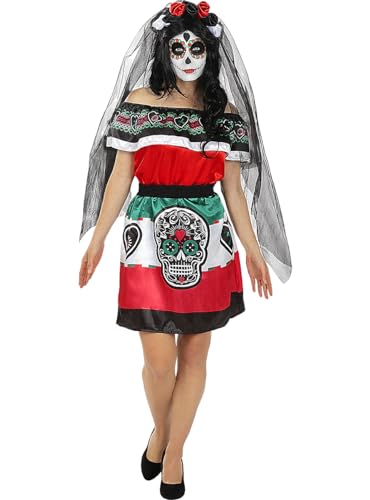 Funidelia | Mexikanisches Catrina Kostüm für Damen ▶ Tag der Toten, Halloween, Horror - Kostüme für Erwachsene & Verkleidung für Partys, Karneval & Halloween - Größe L - Schwarz