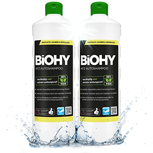 BIOHY KFZ Autoshampoo (2x1l Flasche) | Konzentrat exzellente Reinigungskraft & Schaumbildung | Schützender Abperleffekt | Erzeugt einen anhaltenden frischen Duft