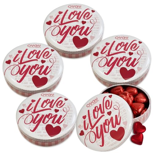 5x OYOY I Love You Geschenkbox gefüllt mit ca. 200g roten Schokoherzen I Geschenkset Schokolade ideal als Valentinstag Geschenk oder Jahrestag Geschenk I Ich liebe Dich Schokolade