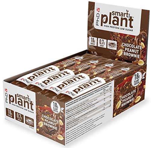 PhD Nutrition Smart Plant Bar, veganer Eiweißriegel mit viel Eiweiß und wenig Zucker, Sorte Erdnuss Brownie, 18 g Eiweiß, 64 g Riegel (12er Packung)