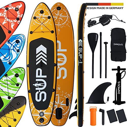 24MOVE® Sup Board Set, Premium Stand Up Paddle Board aufblasbar, Yoga Board, Surfboard Action Cam Ready inkl. Zubehör Set, Doppelhub Pumpe, Anti-Rutsch, Kinder & Erwachsene, ORANGE 305x76cm bis 150kg