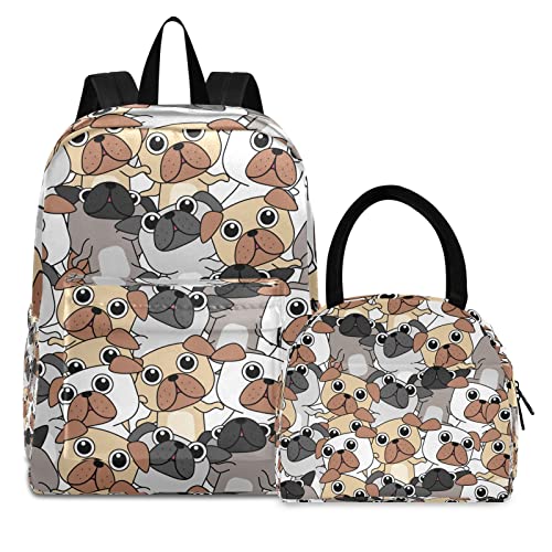 Perros Mops Welpe Büchertasche Lunchpaket Set Schulter Rucksacks Bookbag Kinderrucksack Isolierte Lunchbox-Tasche für Mädchen Jungs