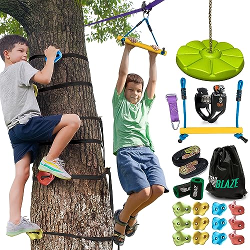 Trailblaze Slackline Zipline Kit für Kinder 21 m – 12 Tree Rock Climbing Holds Ninja Warrior Hindernisparcours für Kinder – Slackline Kit, Monkey Bar, Sitzschaukel