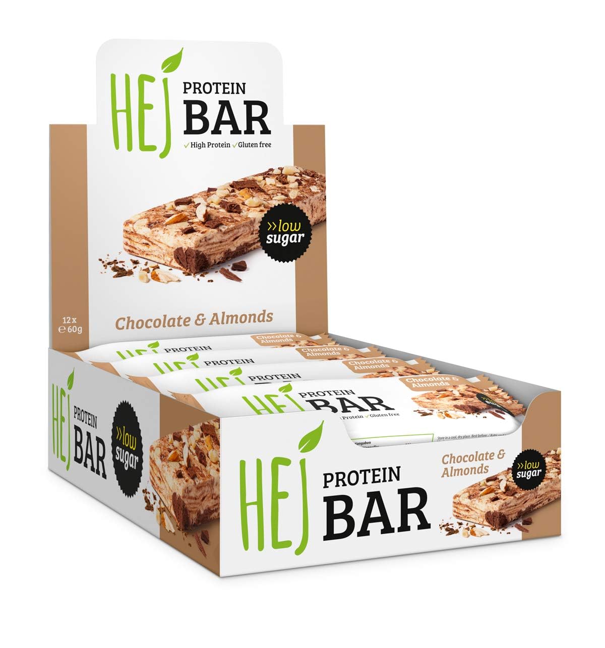 HEJ Bar Proteinriegel Snack – Low Sugar Eiweißriegel | 19,4g Protein & 191kcal pro Riegel | Vegetarisch & ohne Palmöl – 12x60g Chocolate & Almonds