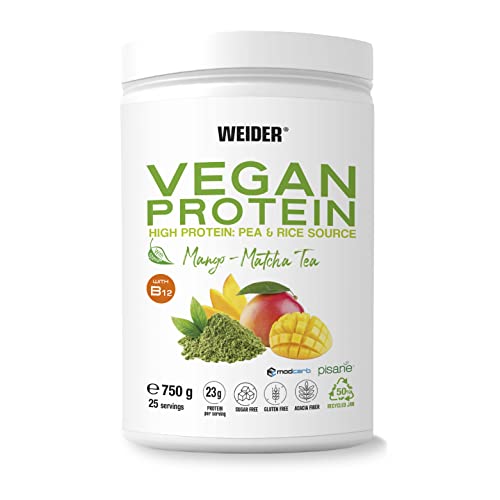 Weider Vegan Protein (750g) Mango-Matcha Geschmack. 23g Protein/Dosis, Erbsenisolat (Pisane) & Reisproteine. Mit Vitamin B12 & Stevia. Glutenfrei, zuckerfrei. Verpackung 50% Recycelt, 100% Recycelbar