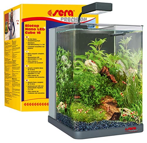 sera Biotop Nano LED Cube 16l ein Aquarium Komplettset - Plug & Play - aus gebogenem Glas mit LED Beleuchtung & großem 3-Kammer Innenfilter für Garnelen, Krebse und Kampffisch Maße (BxHxT) 22x30x25cm