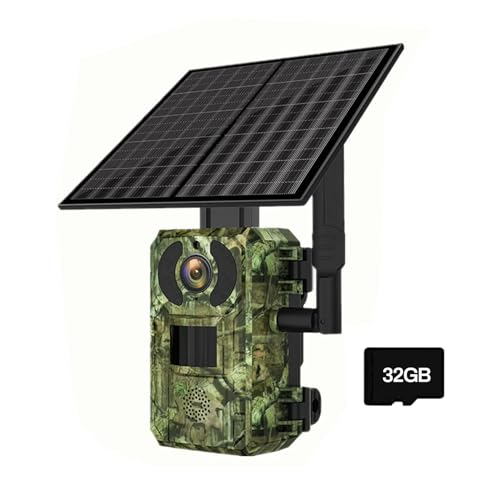 GOXAEEE Wildkamera Solar, 4MP Jagdkamera mit Bewegungsmelder Nachtsicht, Wasserdicht 4G SIM 0,2s Jagdkamera 140° Erfassungs Winkel Videobildschirm Infrarot Wildcamera (wildkamera+32G)