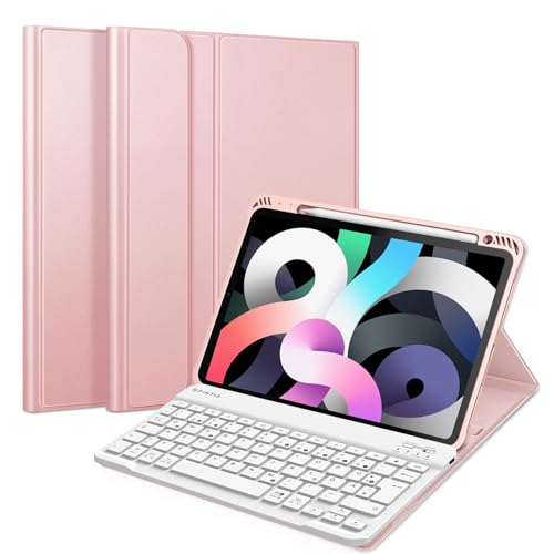 Fintie Tastatur Hülle für iPad Air 10,9" (4. Generation, 2020 Modell) Soft TPU Rückseite Gehäuse Schutzhülle mit Pencil Halter, magnetisch Abnehmbarer Bluetooth Tastatur mit QWERTZ Layout, Roségold