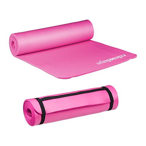 Relaxdays 2 x Yogamatte, 1 cm dick, für Pilates, Fitness, gelenkschonend, mit Tragegurt, Gymnastikmatte 60 x 180 cm, pink