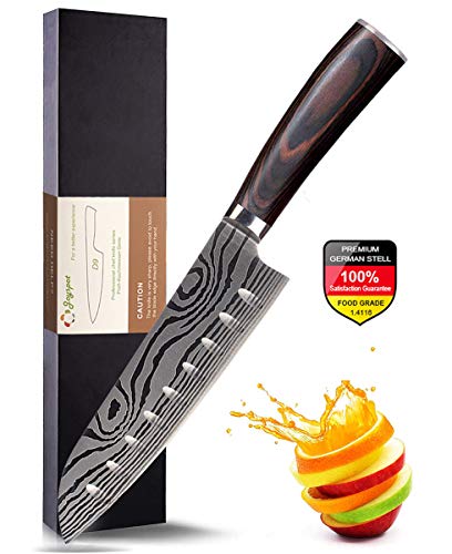 Joyspot Japanisches Santoku Messer, 7 inch Kochmesser Profi Messer Deutsche Karbon-Edelstahlmesser Extra Scharfe Messerklinge mit Ergonomischer Griff, Beste für Home Kitchen …