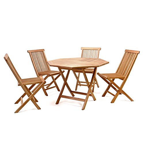 Divero Gartenmöbel-Set Terrassenmöbel-Garnitur Sitzgruppe 5-tlg. Tisch achteckig Ø 100 cm 4 x Holzstuhl klappbar – Teakholz massiv behandelt