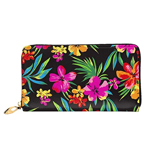 DOFFO Candy Canes Print Leder Brieftasche Für Frauen Geldbörse Fall Brieftasche Schlank Reißverschluss Telefon Kleingeld Geldbörse Kupplung Kartenhalter, Hawaii-Blume, Einheitsgröße