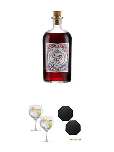 Monkey 47 SLOE GIN Schwarzwald Dry Gin 0,5 Liter + Spiegelau Gin & Tonic 4390179 2 Gläser + Schiefer Glasuntersetzer achteckig 2 x ca. 9,5 cm Durchmesser