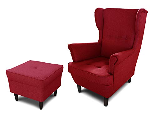 Ohrensessel Sessel King - Lounge Sessel mit Armlehnen - Retro Stuhl aus Stoff mit Holz Füßen - Polsterstuhl für Esszimmer & Wohnzimmer (Rot (Inari 60), mit Hocker)