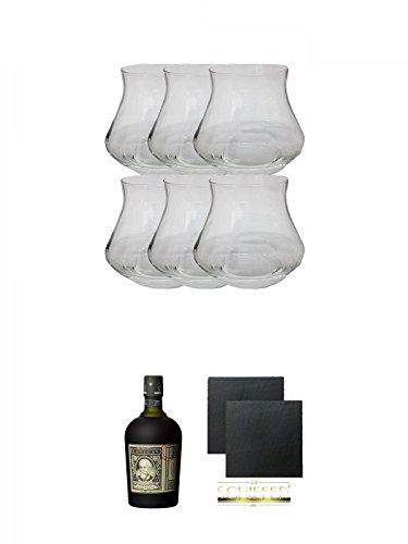 Botucal Rum Gläser 6 Stück + Diplomatico Botucal 12 Jahre ohne Tube Venezuela 0,7 Liter + Schiefer Glasuntersetzer eckig ca. 9,5 cm Ø 2 Stück