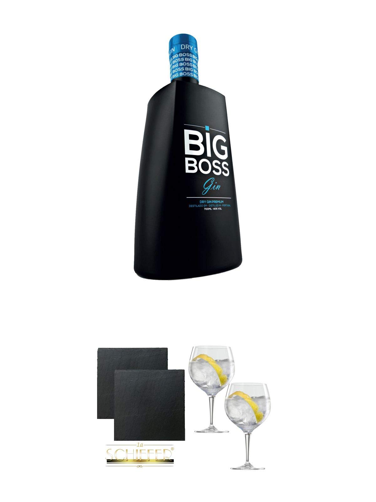 Big Boss Dry Gin Premium 40% 0,7 Liter + Schiefer Glasuntersetzer eckig ca. 9,5 cm Ø 2 Stück + Spiegelau Gin & Tonic 4390179 2 Gläser