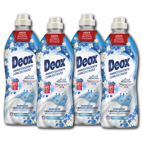 Deox - Weichspüler in der Waschmaschine, Konzentrat, 180 Waschgänge, Frühlingsblumen, weiche und duftende Kleidung, mit Fresh Protection-Technologie, 900 ml x 4 Packungen