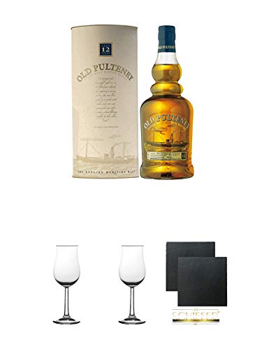 Old Pulteney 12 Jahre Single Malt Whisky 0,7 Liter + 2 Bugatti Nosing Gläser mit Eichstrich 2cl und 4cl + 2 Schiefer Glasuntersetzer eckig ca. 9,5 cm Ø