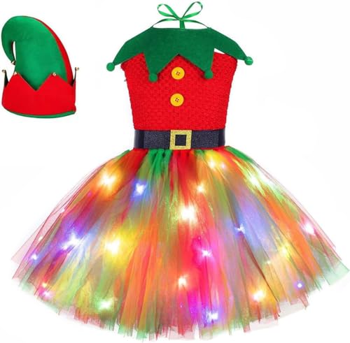 GeRRiT Festliches Feiertagskostüm, wunderschönes Elfenkostümkleid mit LED-Lichtern, Weihnachtskleidung, rote und grüne Elfe/359 (Size : L (linear))