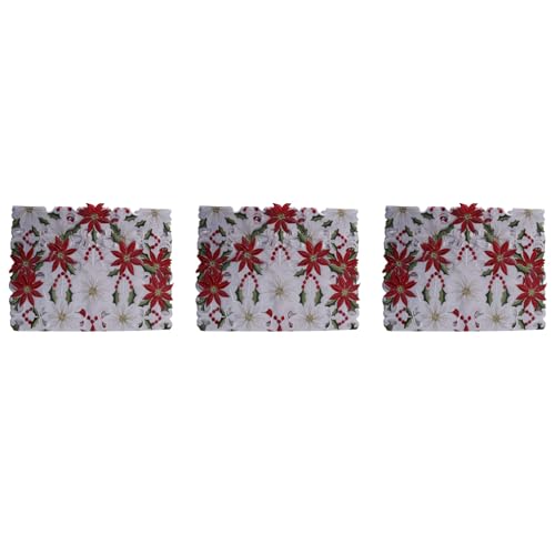 BLASHRD 3X Weihnachten Bestickten Tischläufer, Luxus Holly Poinsettia Tischläufer für Weihnachts Dekorationen, 15 x 70