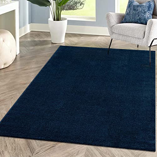 Teppich Einfarbig Blau Wohnzimmer - Rechteckig 140x200 cm - Hochtief-Streifen-Muster, 3D-Effekt - Kurzflor Teppiche Modern - Deko Home&Living