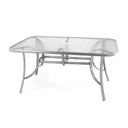 Nexos Trading Gartentisch Esstisch Terrassentisch Glastisch (Glasplatte: klar) – Silber-grau - 150 cm Stahl mit Schirmloch