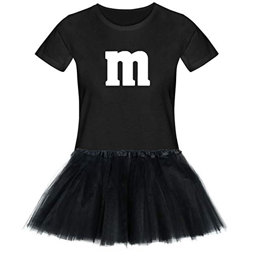 T-Shirt M&M + Tüllrock Karneval Gruppenkostüm Schokolinse 11 Farben Damen XS-3XL Fasching Verkleidung M's Fans Tanzgruppe, Größenauswahl:2XL, Farbauswahl:schwarz - Logo Weiss (+Tütü schwarz)