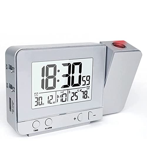 VORRINC Projektionswecker Digital Uhr mit USB Anschluss, Innentemperaturanzeige und Datumsanzeige, 4 Helligkeiten, Dual-Alarm, Kalender, für das Home Office, Kinderzimmer (Silber)