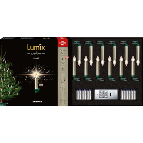 Lumix® kabellose LED Christbaumkerzen Weihnachtsbaumkerzen von KRINNER 12er Basis-Set SuperLight Flame Metallic Mini Cashmere 9cm warmweiß inkl. Fernbedienung 77145
