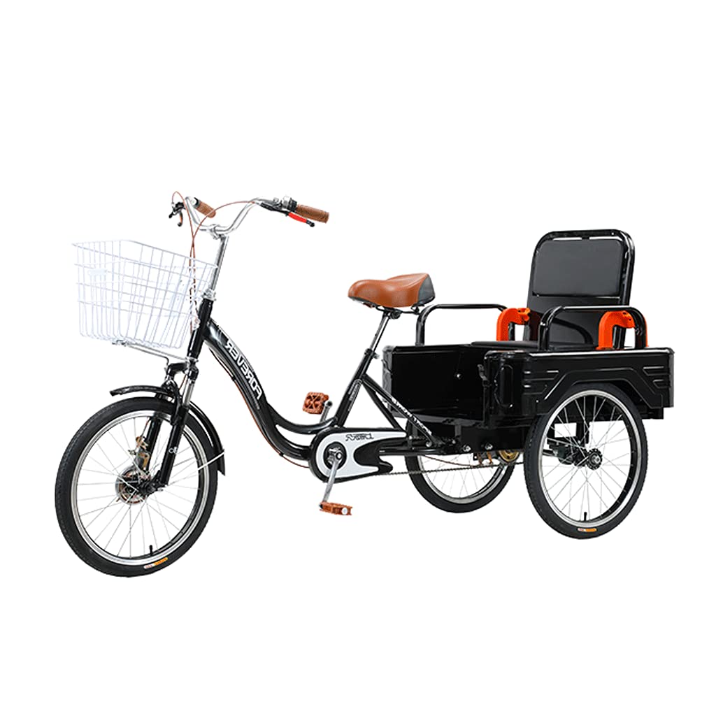 Mit Einkaufskorb, Dreirad für Erwachsene, mit klappbarem Rücksitz, Dreirad, Fahrrad für Senioren, Damen, Herren, Dreiräder, Freizeit, Einkaufen (schwarz)