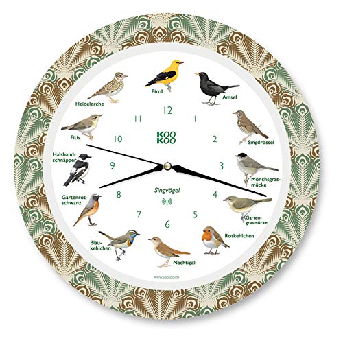 KOOKOO Singvögel Feather Heart, Die Singende Vogeluhr, mit 12 heimischen Singvögeln und echten, natürlichen Vogelstimmen, mit RC Funkquarzwerk