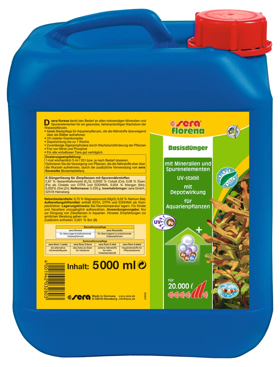 sera florena 5 Ltr. flüssiger Basisdünger für prächtige Wasserpflanzen im Aquarium, mit Mineralien und Spurenelementen, UV-stabil, Dünger für Aquarienpflanzen