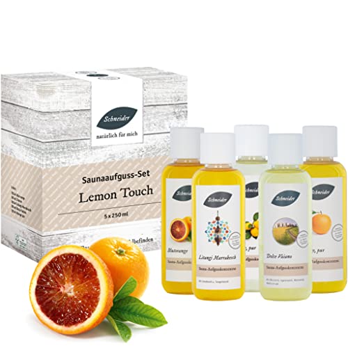 Saunabedarf Schneider - Aufgussset Lemon Touch 5 x 250 ml Inhalt - fruchtig-mediterraner Saunaaufguss - wohltuender Mix