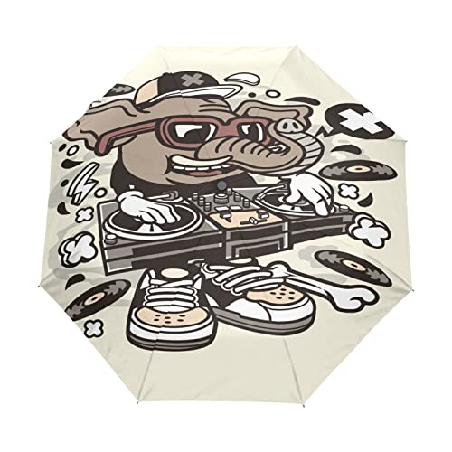 Elefant Tier Cartoon Musik Regenschirm Taschenschirm Auf-Zu Automatik Schirme Winddicht Leicht Kompakt UV-Schutz Reise Schirm für Jungen Mädchen Strand Frauen