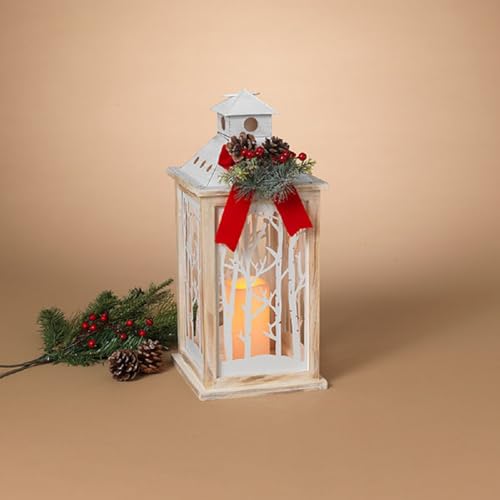 45,5 cm H B/O beleuchtete Weihnachtslaterne aus Holz und Metall, mit LED-Kerze und floralem Akzent