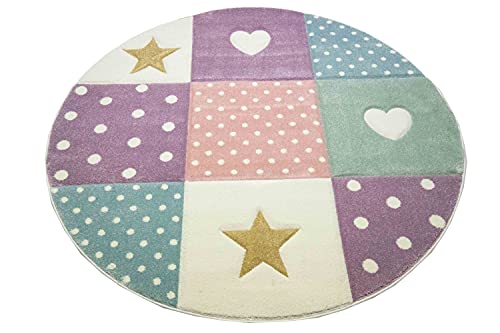 Kinderzimmer Teppich Spiel & Baby Teppich Herz Stern Punkte Design Creme Rosa Blau Größe 120 cm rund
